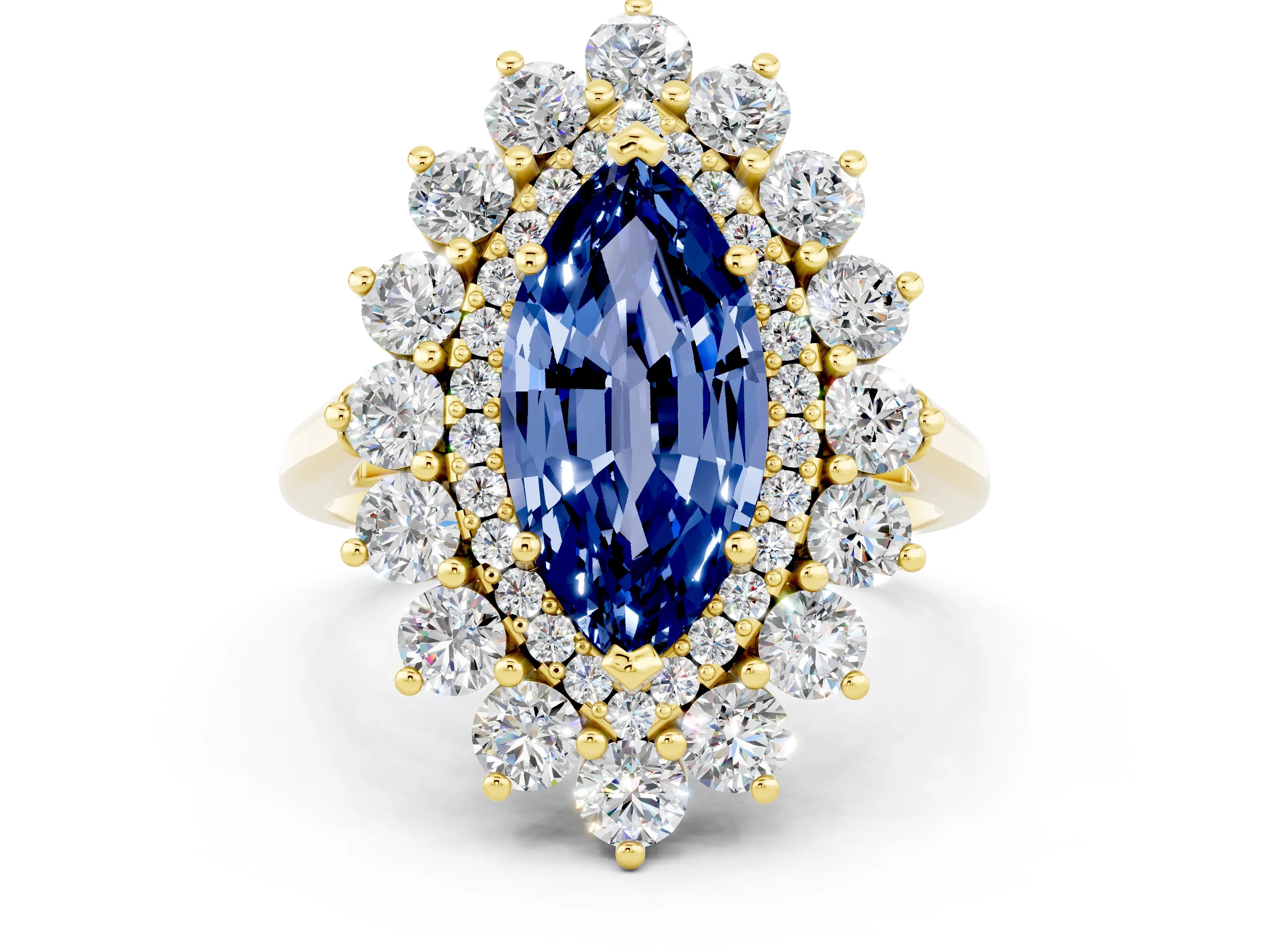 Yellow gold Marquise Cut Halo Cluster Diamond Ring with Pave Band and Four-Prong Setting_12