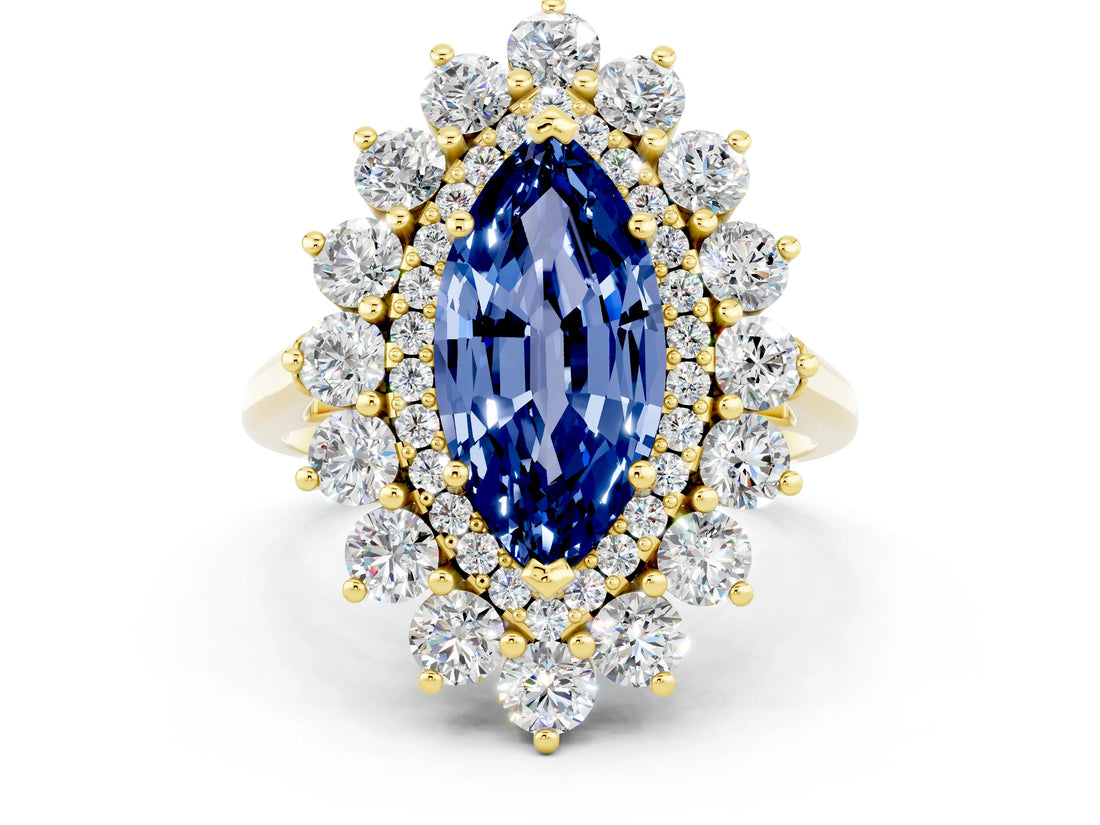 Yellow gold Marquise Cut Halo Cluster Diamond Ring with Pave Band and Four-Prong Setting_12
