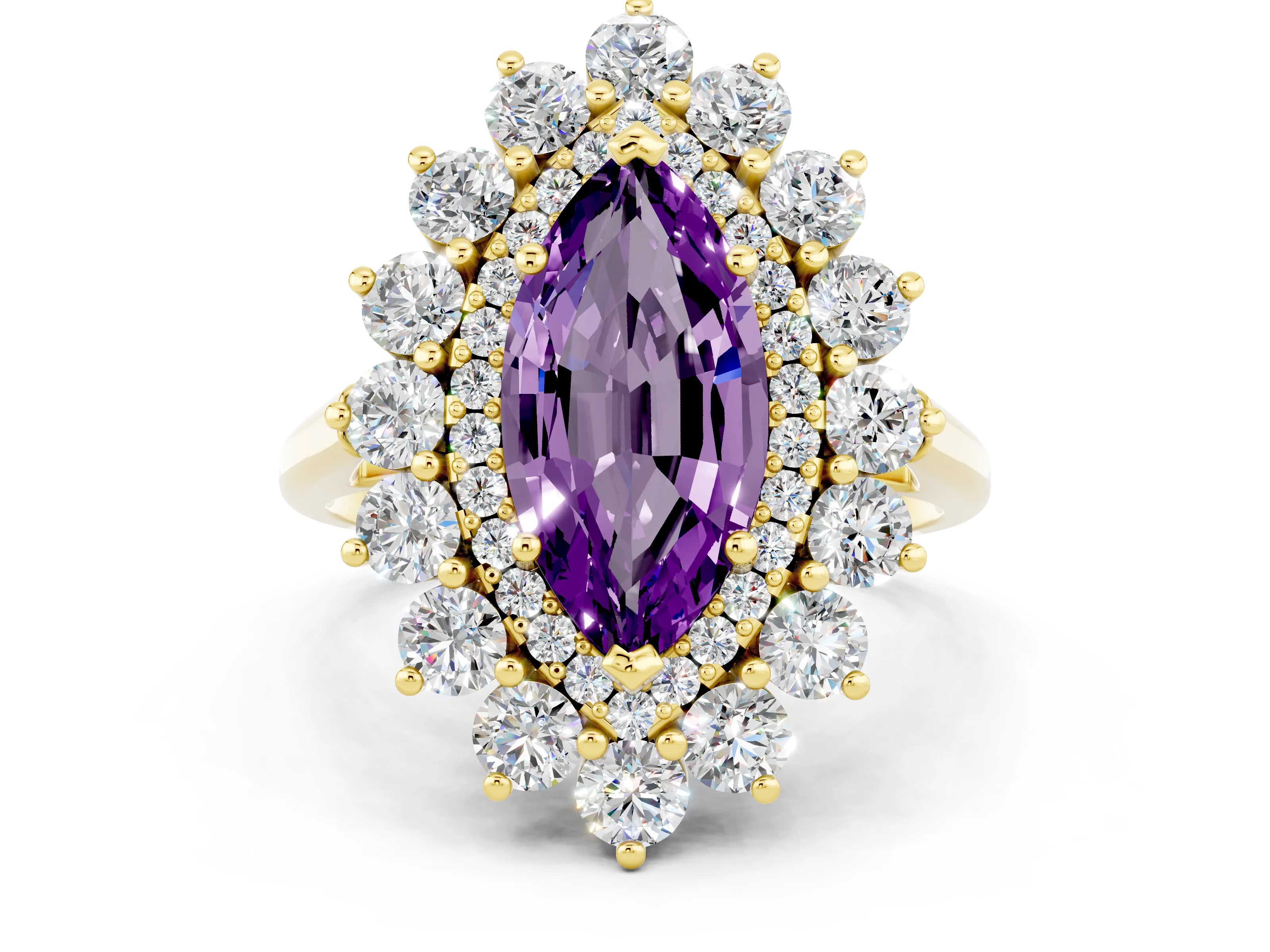 Yellow gold Marquise Cut Halo Cluster Diamond Ring with Pave Band and Four-Prong Setting_12