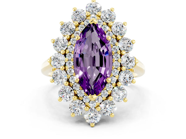 Yellow gold Marquise Cut Amethyst Floral Double Halo Engagement Ring with Prong Setting