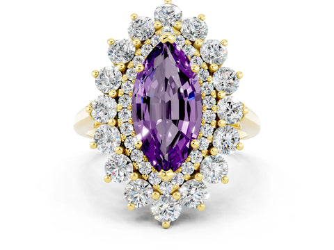 Yellow gold Marquise Cut Halo Cluster Diamond Ring with Pave Band and Four-Prong Setting_12