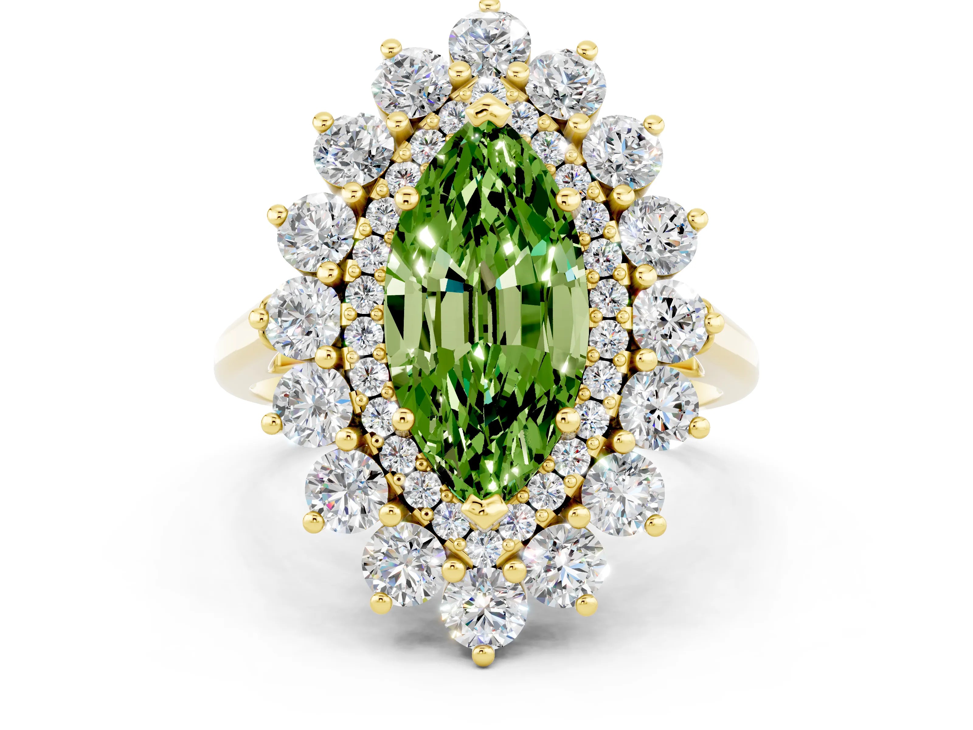Yellow gold Marquise Cut Halo Cluster Diamond Ring with Pave Band and Four-Prong Setting_12