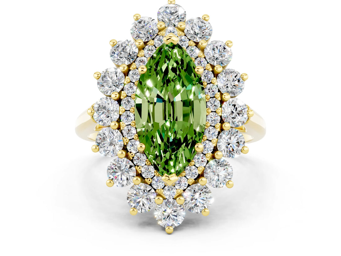 Yellow gold Marquise Cut Halo Cluster Diamond Ring with Pave Band and Four-Prong Setting_12