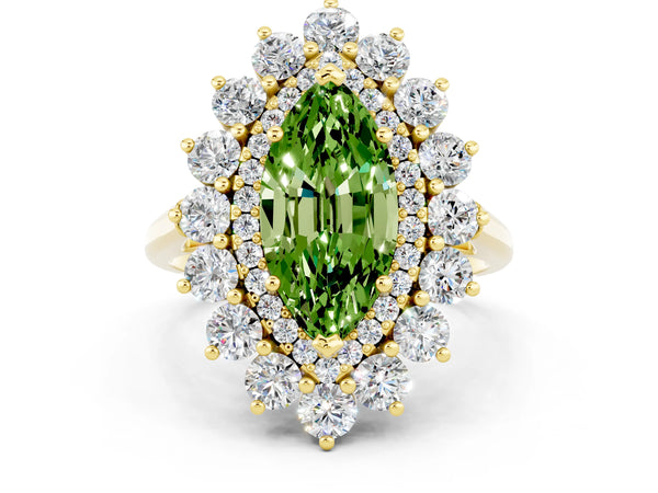 Yellow gold Marquise Cut Peridot Floral Double Halo Engagement Ring with Prong Setting