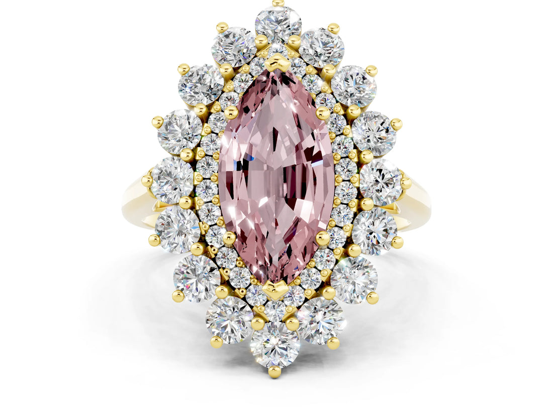 Yellow gold Marquise Cut Halo Cluster Diamond Ring with Pave Band and Four-Prong Setting_12
