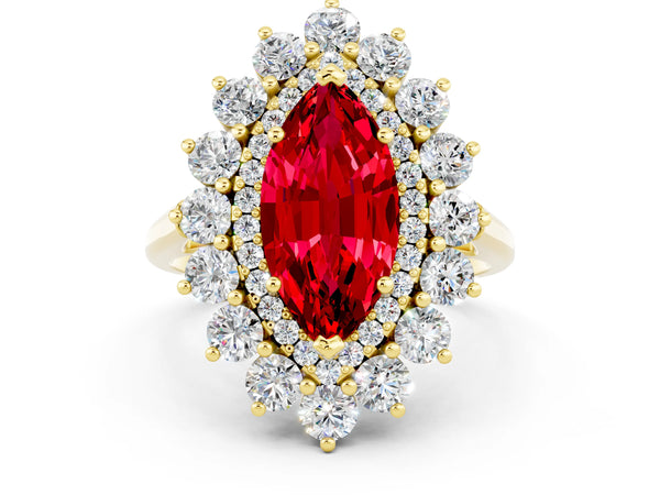 Yellow gold Marquise Cut Ruby Floral Double Halo Engagement Ring with Prong Setting