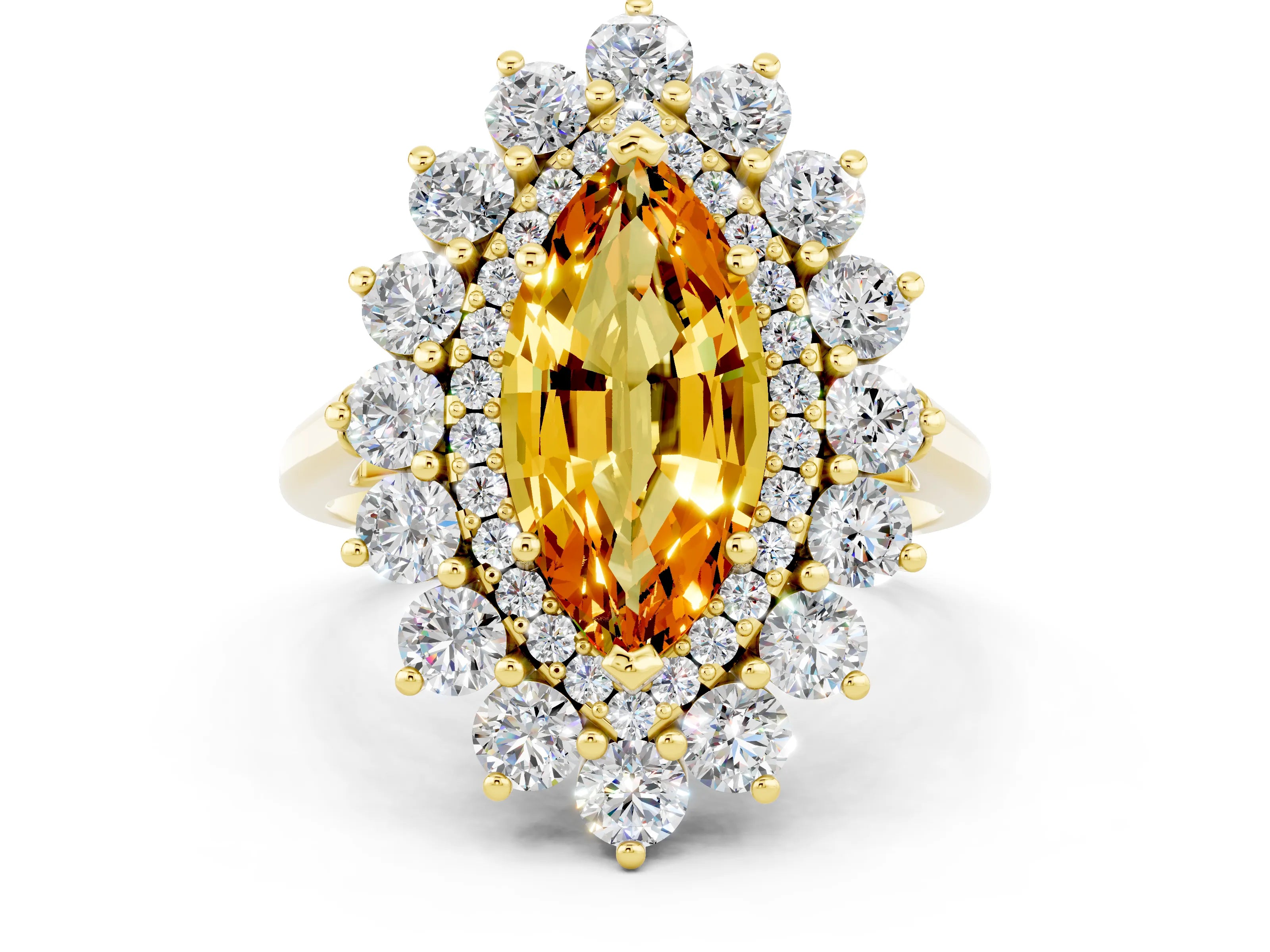 Yellow gold Marquise Cut Halo Cluster Diamond Ring with Pave Band and Four-Prong Setting_12