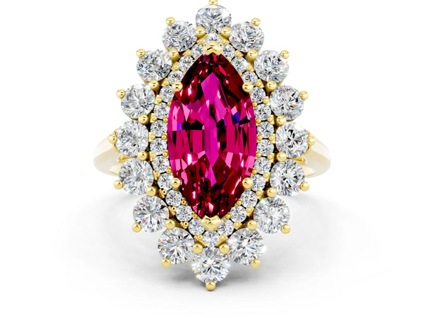 Yellow gold Marquise Cut Garnet Floral Double Halo Engagement Ring with Prong Setting