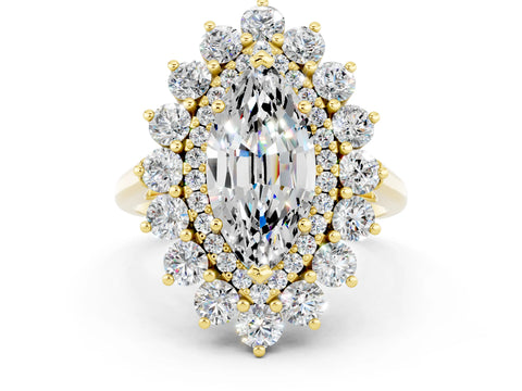 Yellow gold Marquise Cut Halo Cluster Diamond Ring with Pave Band and Four-Prong Setting_12