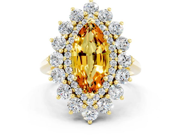 Yellow gold Marquise Cut Citrine Floral Double Halo Engagement Ring with Prong Setting