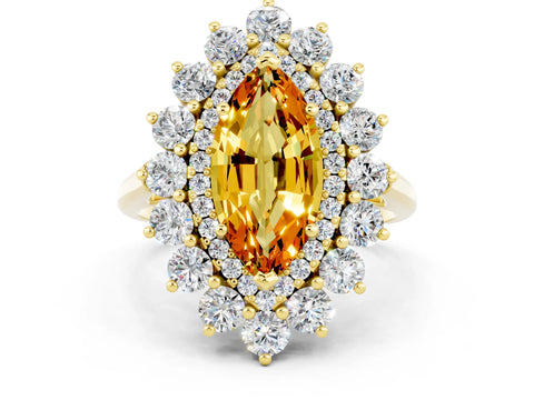 Yellow gold Marquise Cut Halo Cluster Diamond Ring with Pave Band and Four-Prong Setting_12