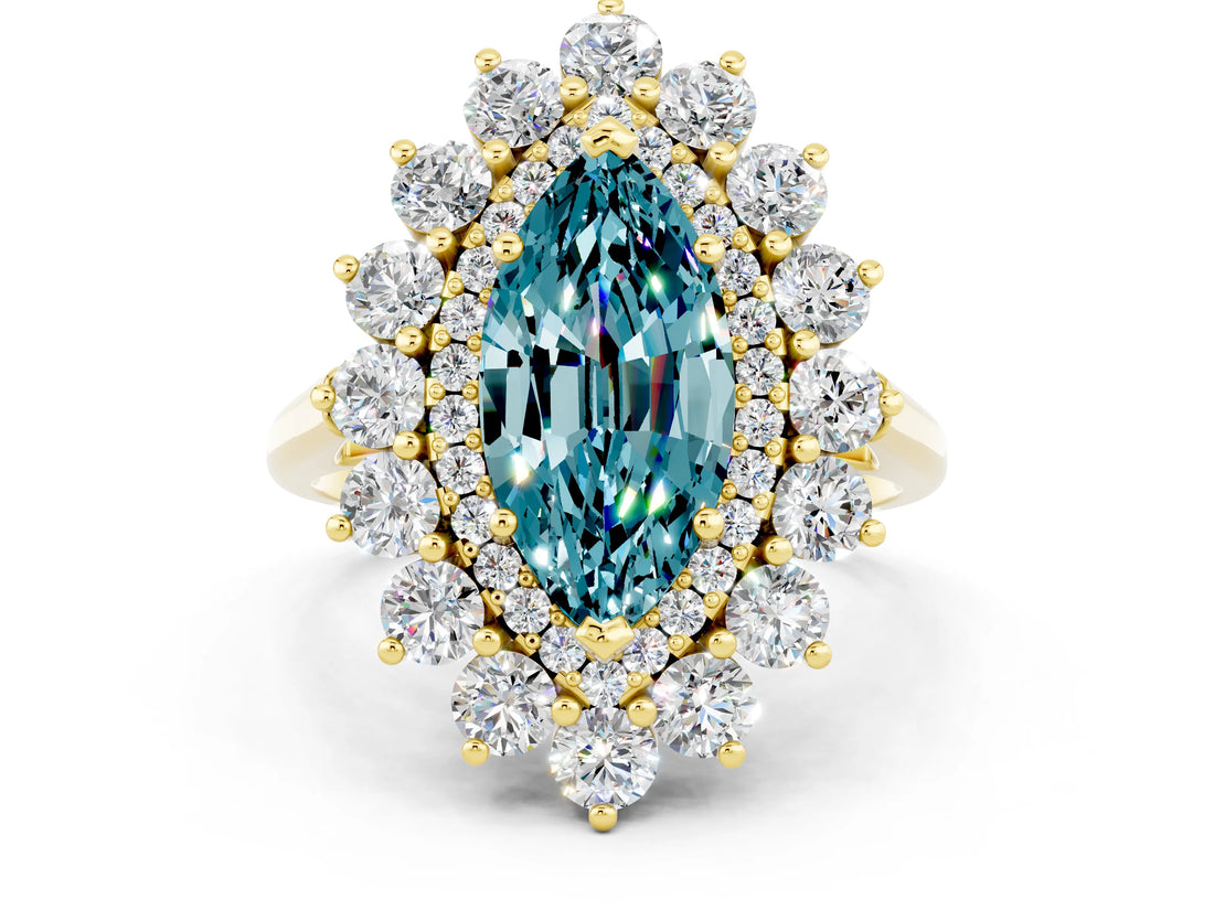 Yellow gold Marquise Cut Halo Cluster Diamond Ring with Pave Band and Four-Prong Setting_12