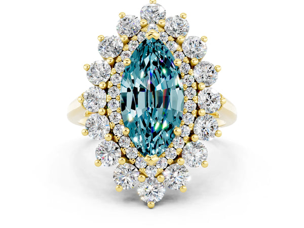 Yellow gold Marquise Cut Blue Topaz Floral Double Halo Engagement Ring with Prong Setting