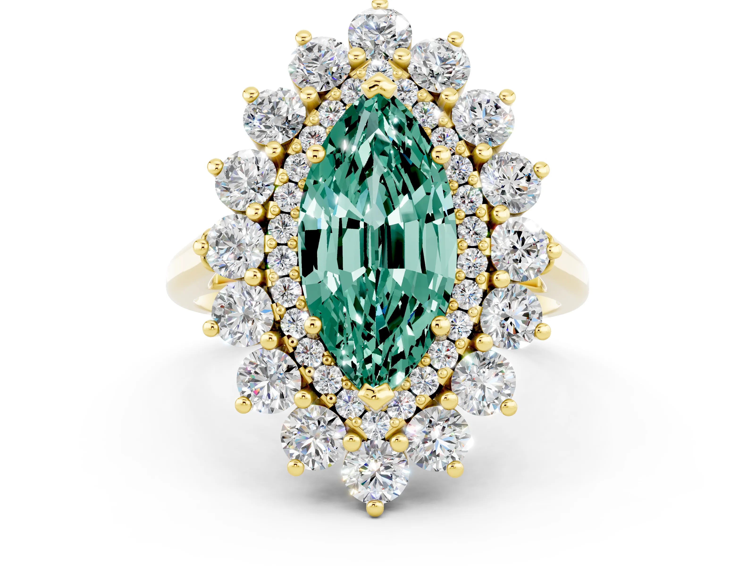 Yellow gold Marquise Cut Halo Cluster Diamond Ring with Pave Band and Four-Prong Setting_12