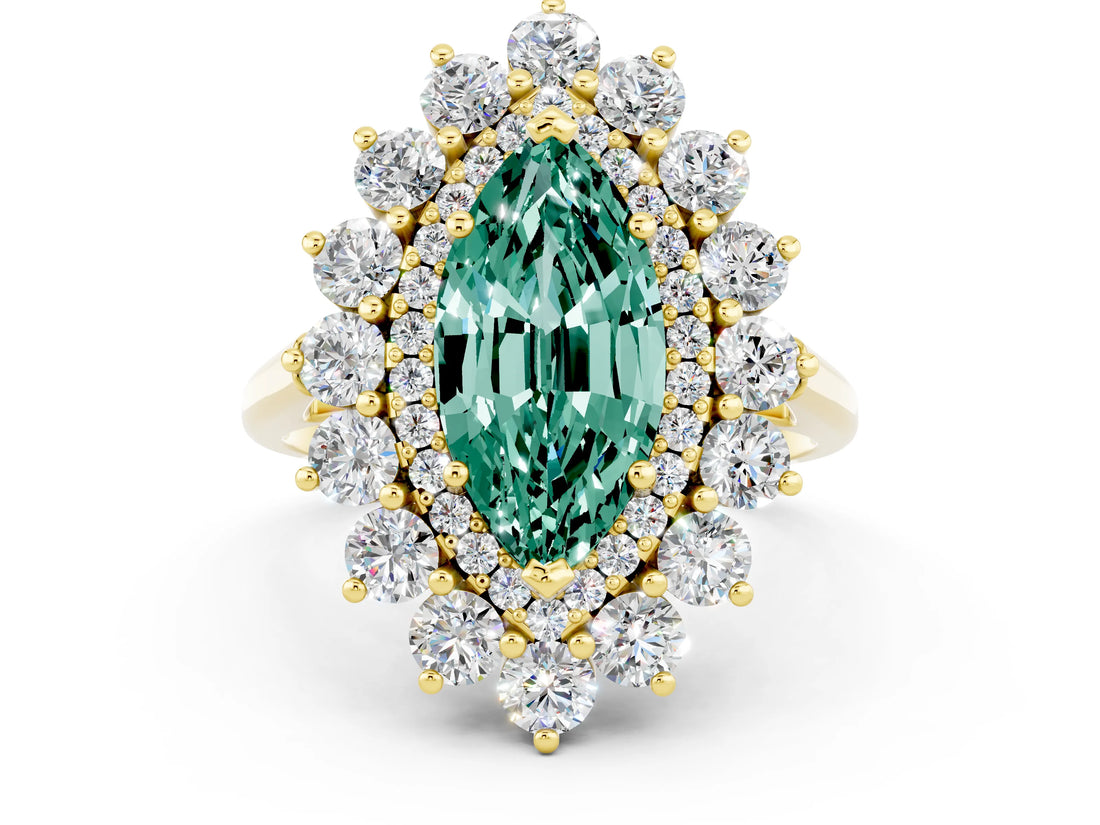 Yellow gold Marquise Cut Halo Cluster Diamond Ring with Pave Band and Four-Prong Setting_12