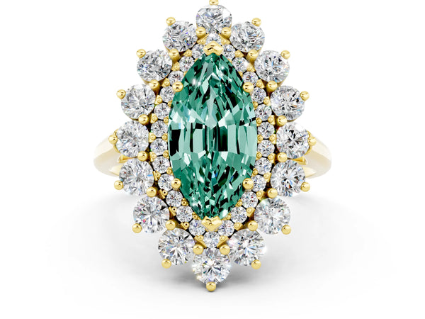 Yellow gold Marquise Cut Green Sapphire Floral Double Halo Engagement Ring with Prong Setting