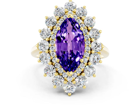 Yellow gold Marquise Cut Halo Cluster Diamond Ring with Pave Band and Four-Prong Setting_12