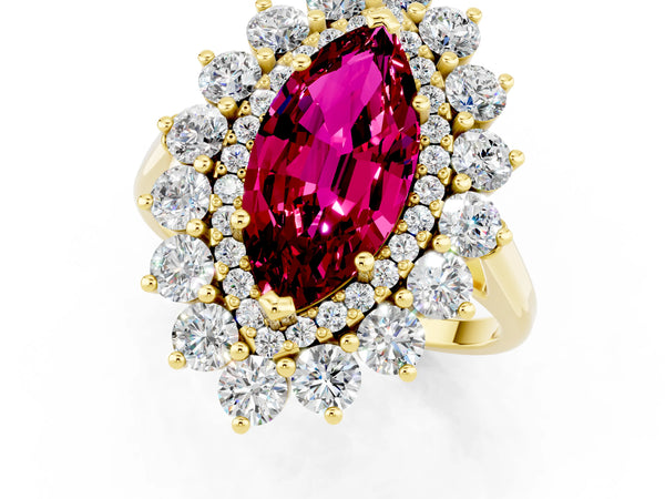 Yellow gold Marquise Cut Garnet Floral Double Halo Engagement Ring with Prong Setting