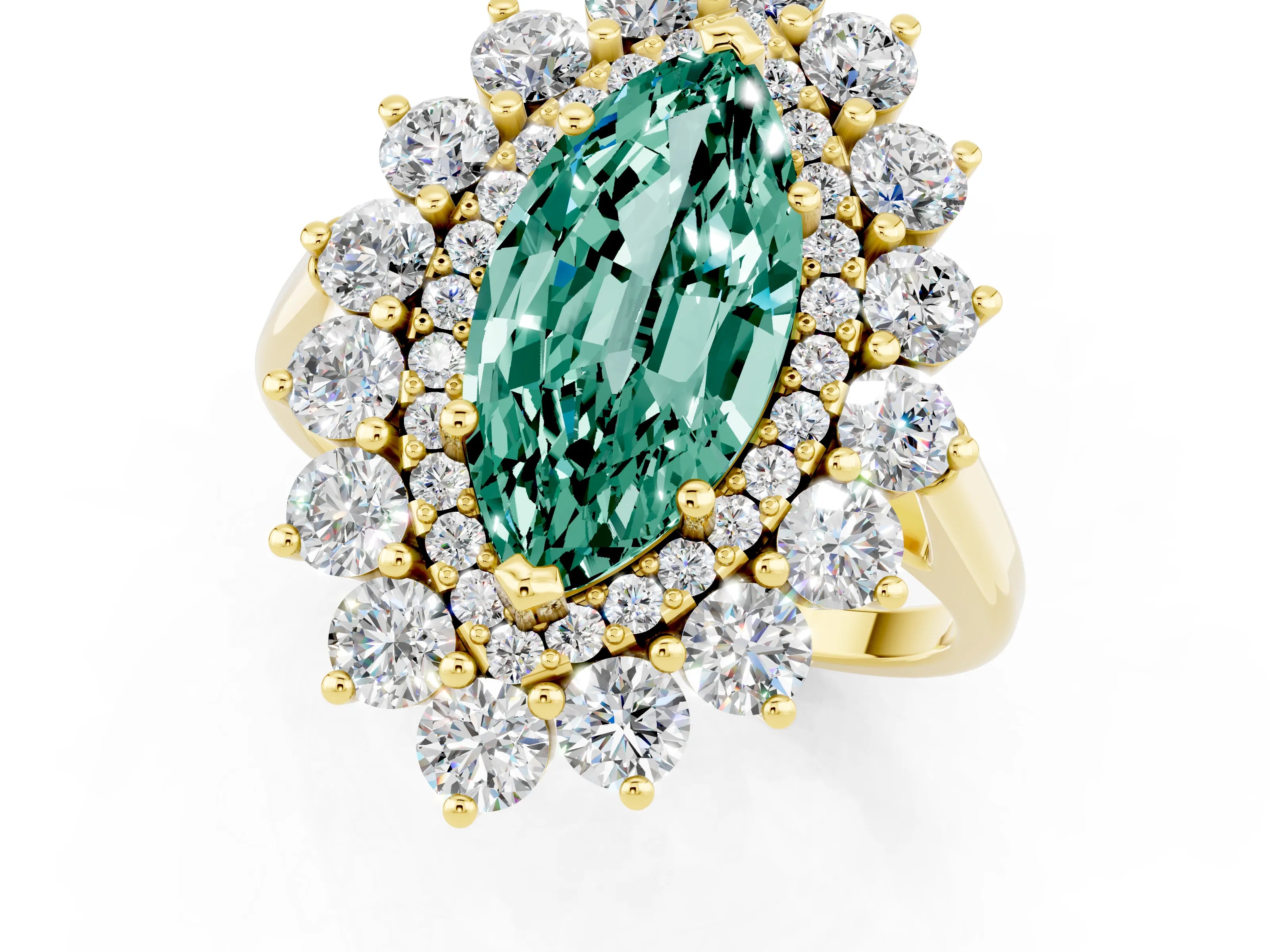 Yellow gold Marquise Cut Halo Cluster Diamond Ring with Pave Band and Four-Prong Setting_13