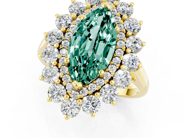 Yellow gold Marquise Cut Green Sapphire Floral Double Halo Engagement Ring with Prong Setting