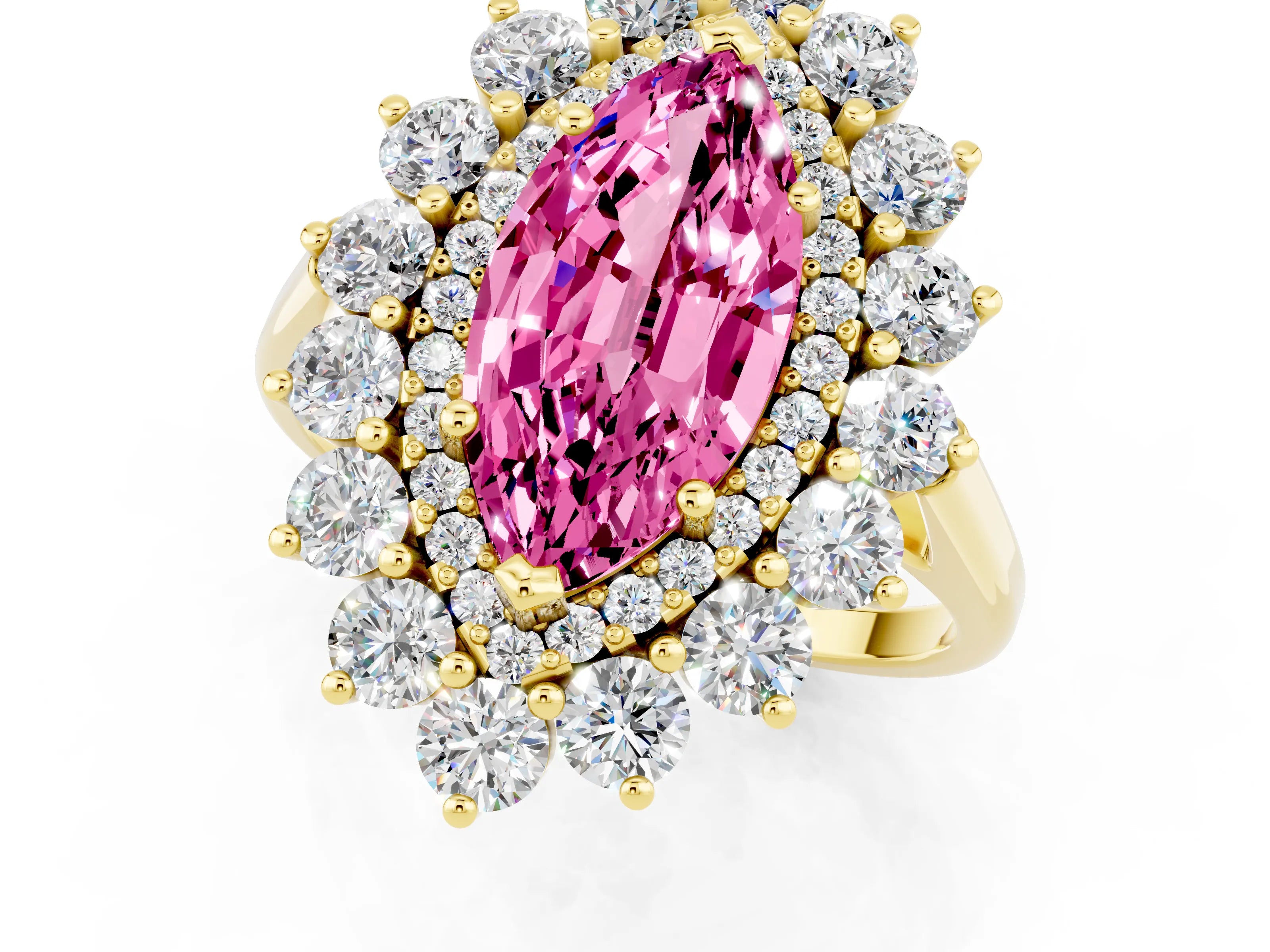 Yellow gold Marquise Cut Halo Cluster Diamond Ring with Pave Band and Four-Prong Setting_13