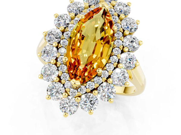 Yellow gold Marquise Cut Citrine Floral Double Halo Engagement Ring with Prong Setting