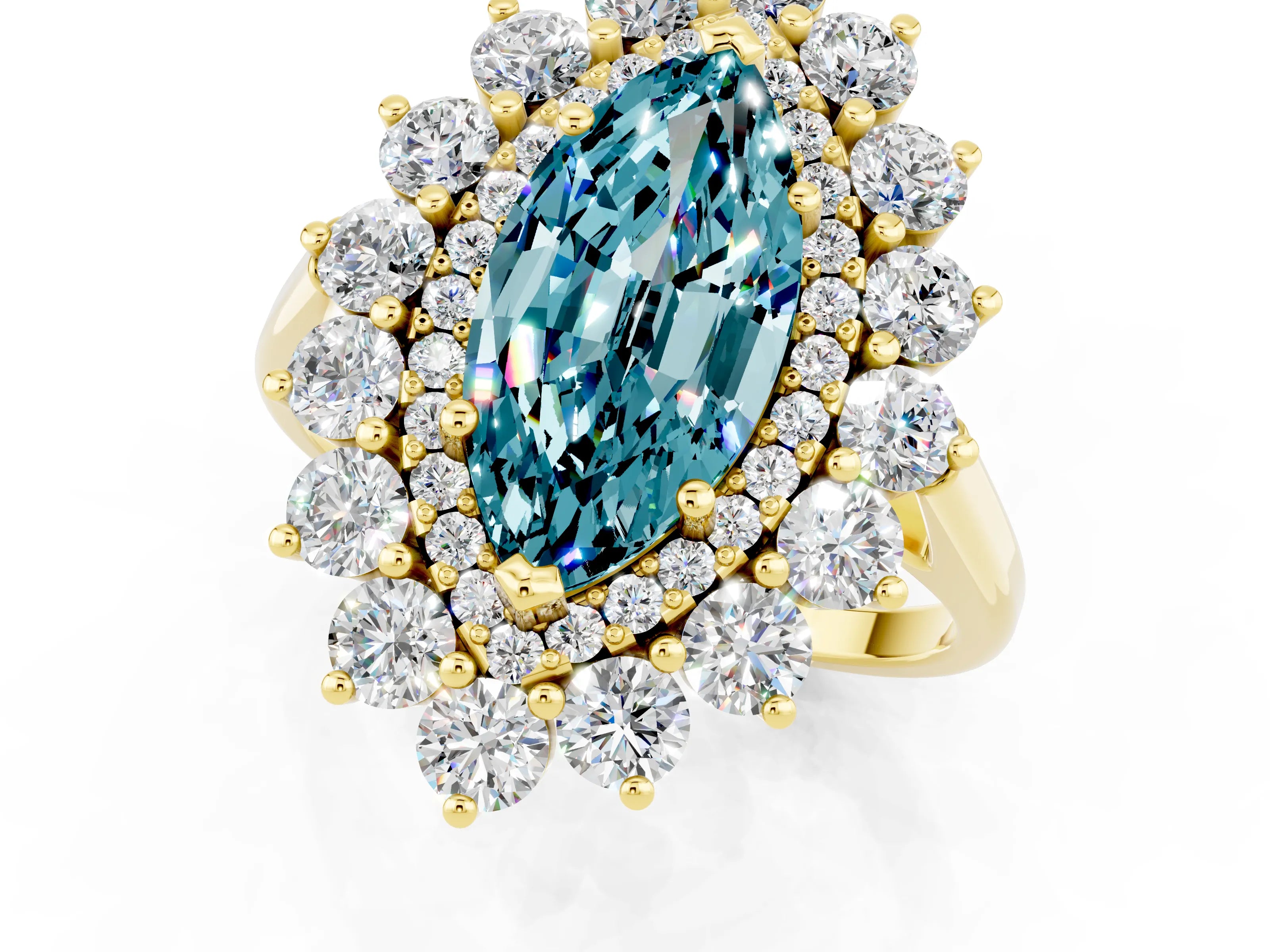 Yellow gold Marquise Cut Halo Cluster Diamond Ring with Pave Band and Four-Prong Setting_13