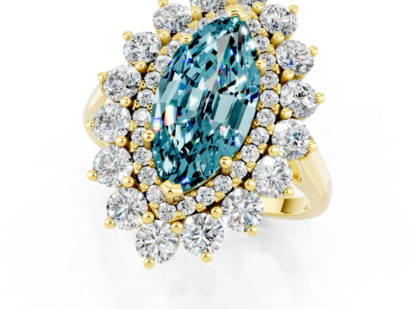 Yellow gold Marquise Cut Blue Topaz Floral Double Halo Engagement Ring with Prong Setting