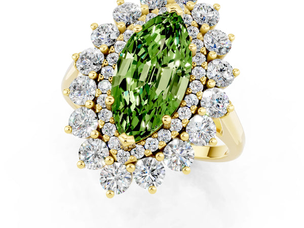 Yellow gold Marquise Cut Peridot Floral Double Halo Engagement Ring with Prong Setting