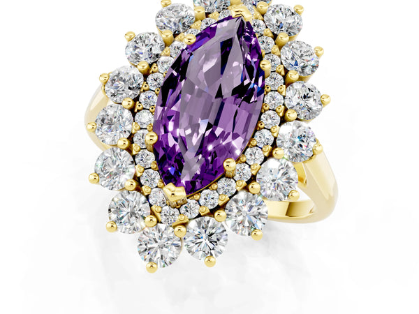 Yellow gold Marquise Cut Amethyst Floral Double Halo Engagement Ring with Prong Setting