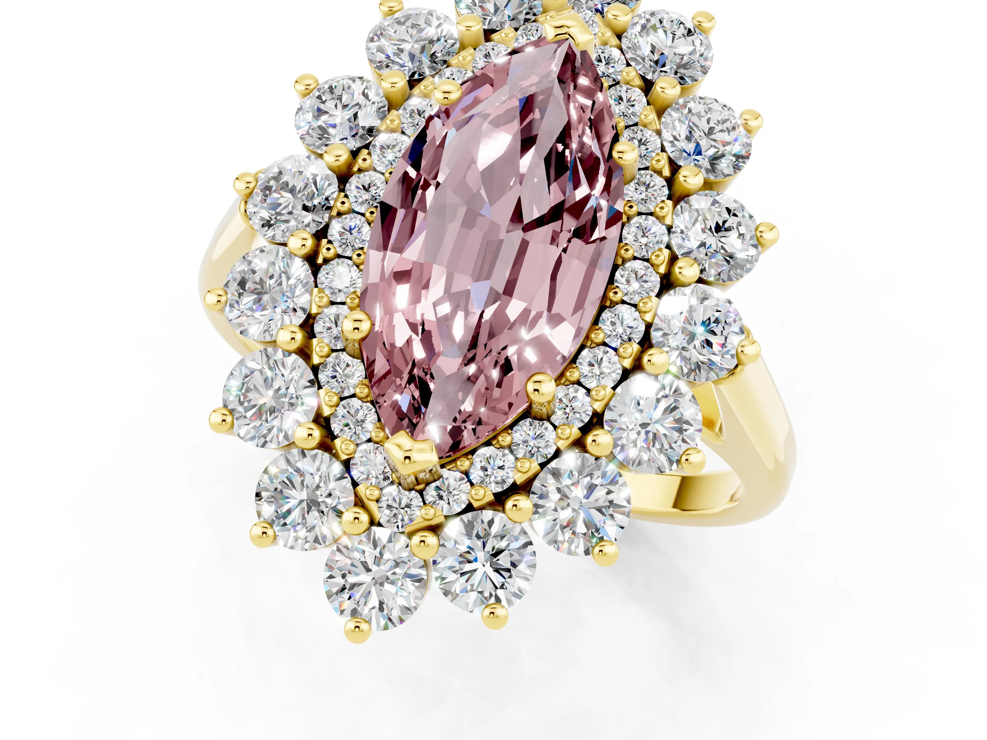 Yellow gold Marquise Cut Halo Cluster Diamond Ring with Pave Band and Four-Prong Setting_13