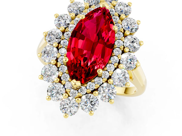 Yellow gold Marquise Cut Ruby Floral Double Halo Engagement Ring with Prong Setting