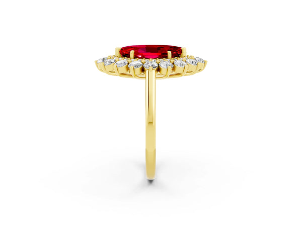 Yellow gold Marquise Cut Ruby Floral Double Halo Engagement Ring with Prong Setting