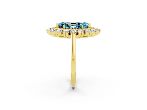 Yellow gold Marquise Cut Blue Topaz Floral Double Halo Engagement Ring with Prong Setting