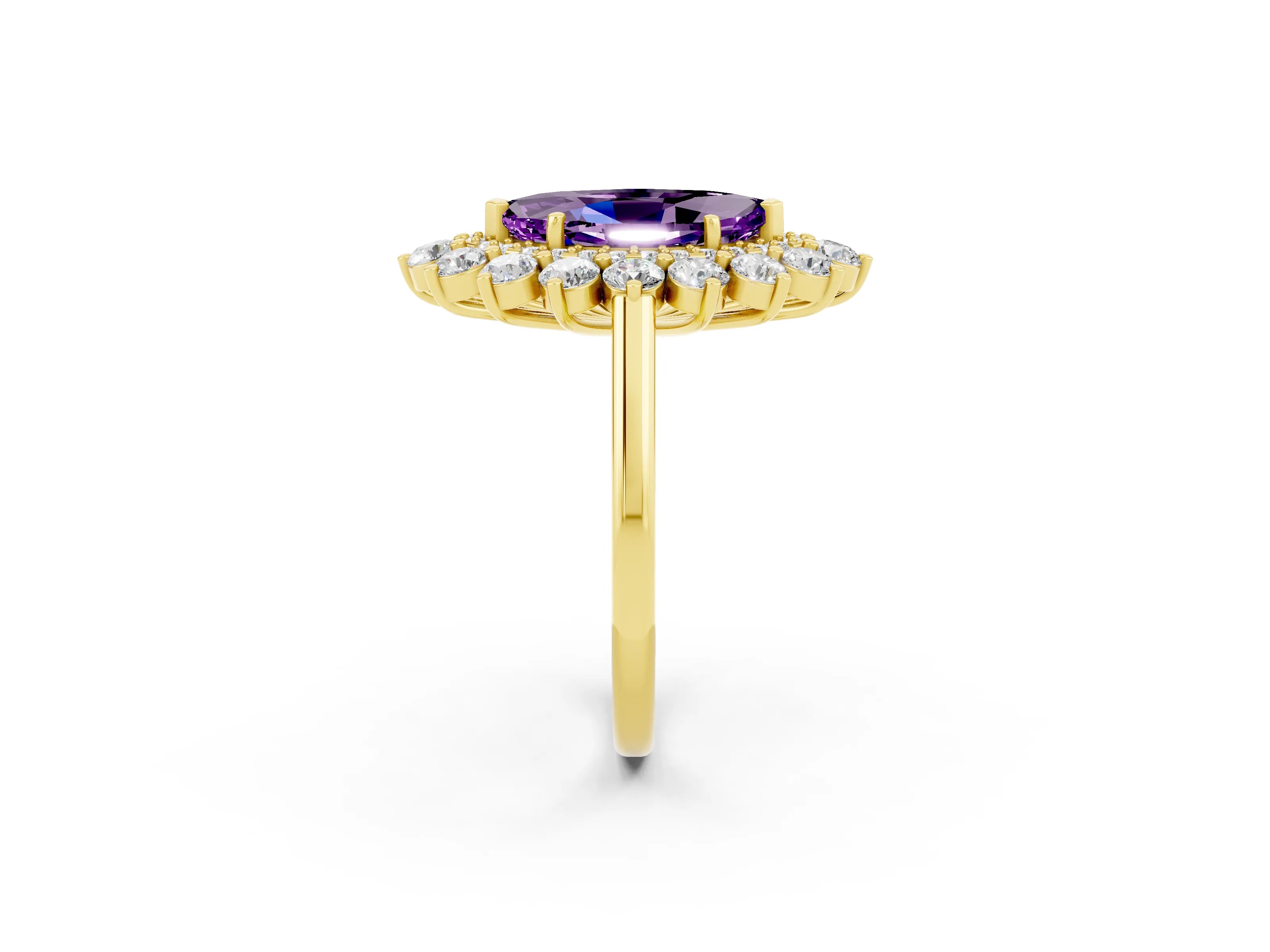 Yellow gold Marquise Cut Halo Cluster Diamond Ring with Pave Band and Four-Prong Setting_14