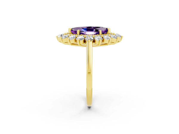 Yellow gold Marquise Cut Amethyst Floral Double Halo Engagement Ring with Prong Setting