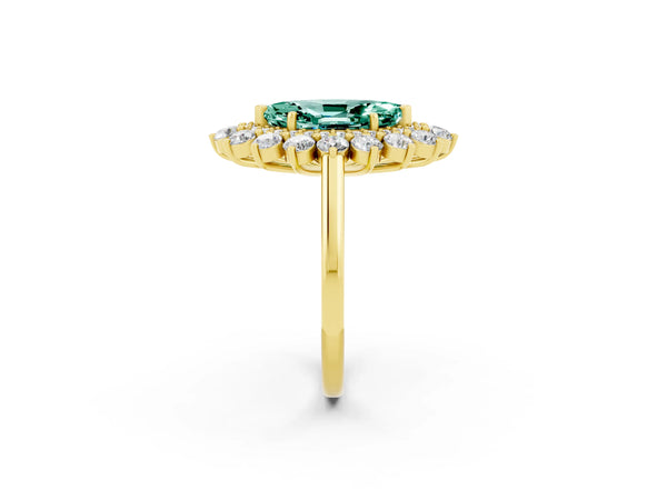 Yellow gold Marquise Cut Green Sapphire Floral Double Halo Engagement Ring with Prong Setting