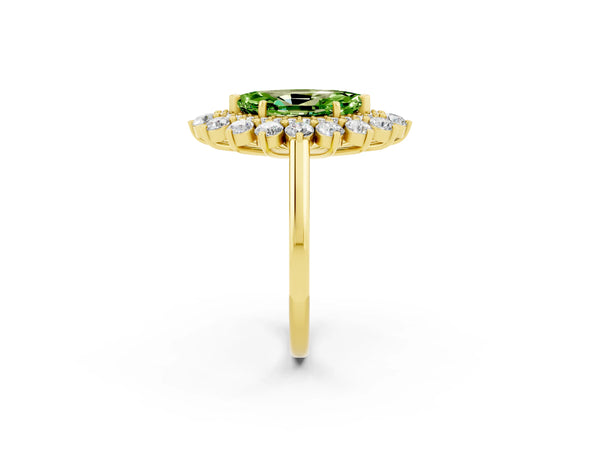 Yellow gold Marquise Cut Peridot Floral Double Halo Engagement Ring with Prong Setting
