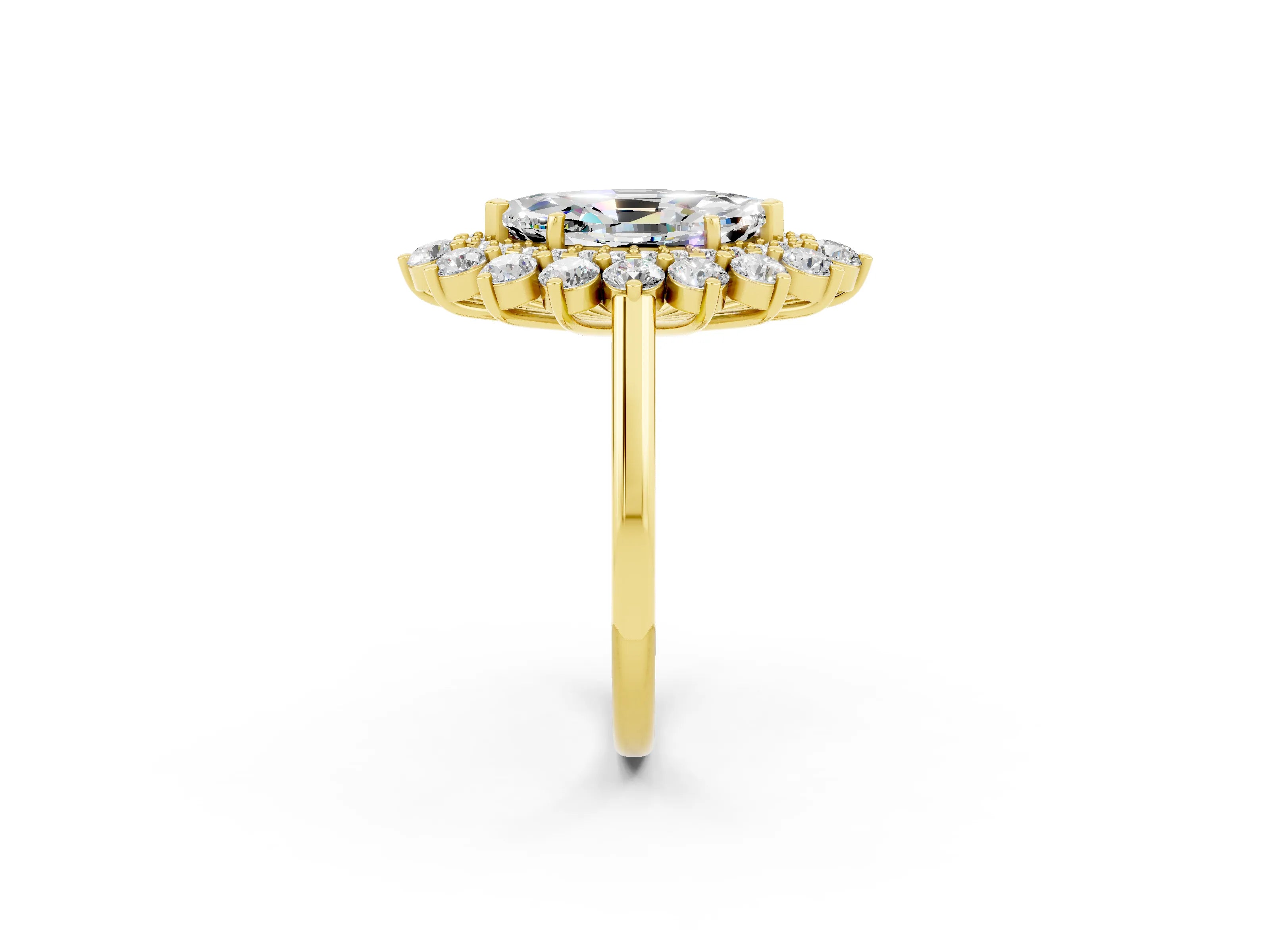 Yellow gold Marquise Cut Halo Cluster Diamond Ring with Pave Band and Four-Prong Setting_14