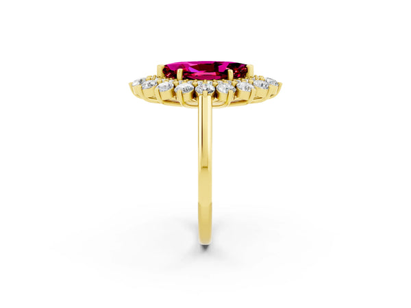 Yellow gold Marquise Cut Garnet Floral Double Halo Engagement Ring with Prong Setting