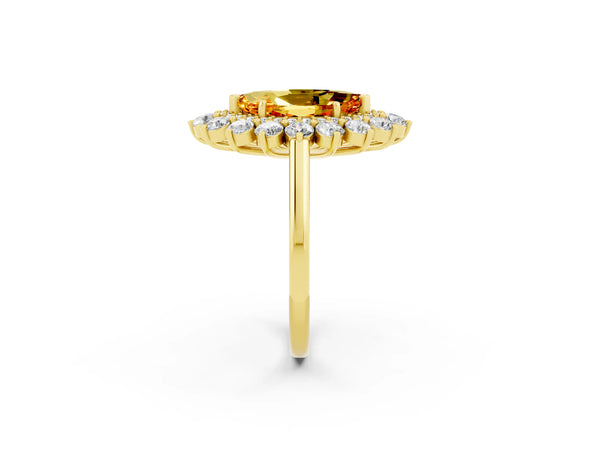 Yellow gold Marquise Cut Citrine Floral Double Halo Engagement Ring with Prong Setting