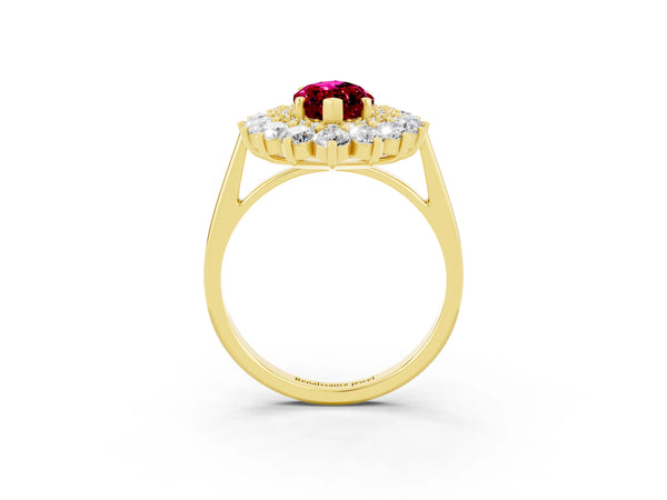 Yellow gold Marquise Cut Garnet Floral Double Halo Engagement Ring with Prong Setting
