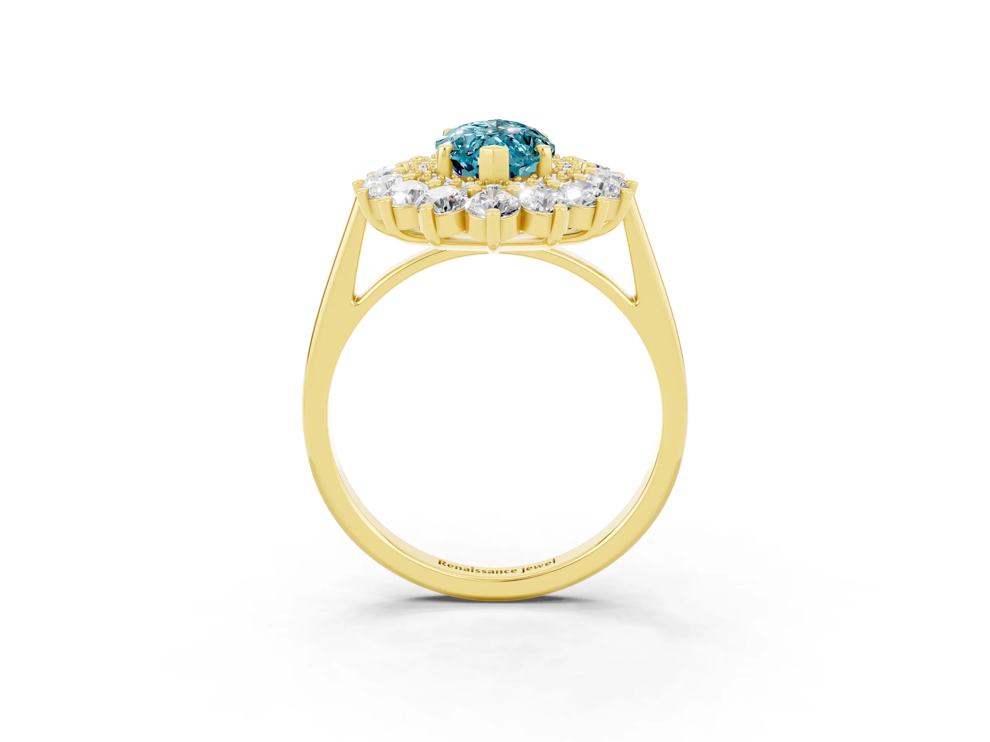 Yellow gold Marquise Cut Halo Cluster Diamond Ring with Pave Band and Four-Prong Setting_15