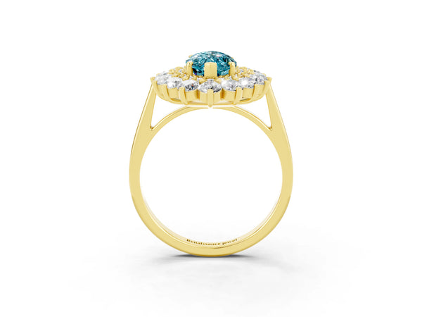Yellow gold Marquise Cut Blue Topaz Floral Double Halo Engagement Ring with Prong Setting