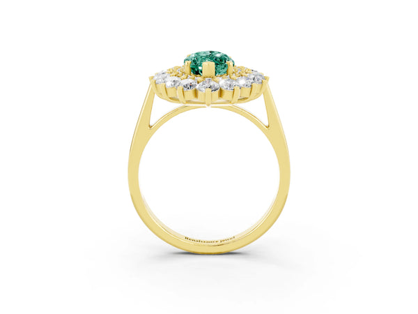 Yellow gold Marquise Cut Green Sapphire Floral Double Halo Engagement Ring with Prong Setting