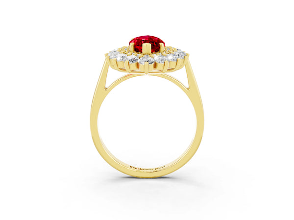 Yellow gold Marquise Cut Ruby Floral Double Halo Engagement Ring with Prong Setting