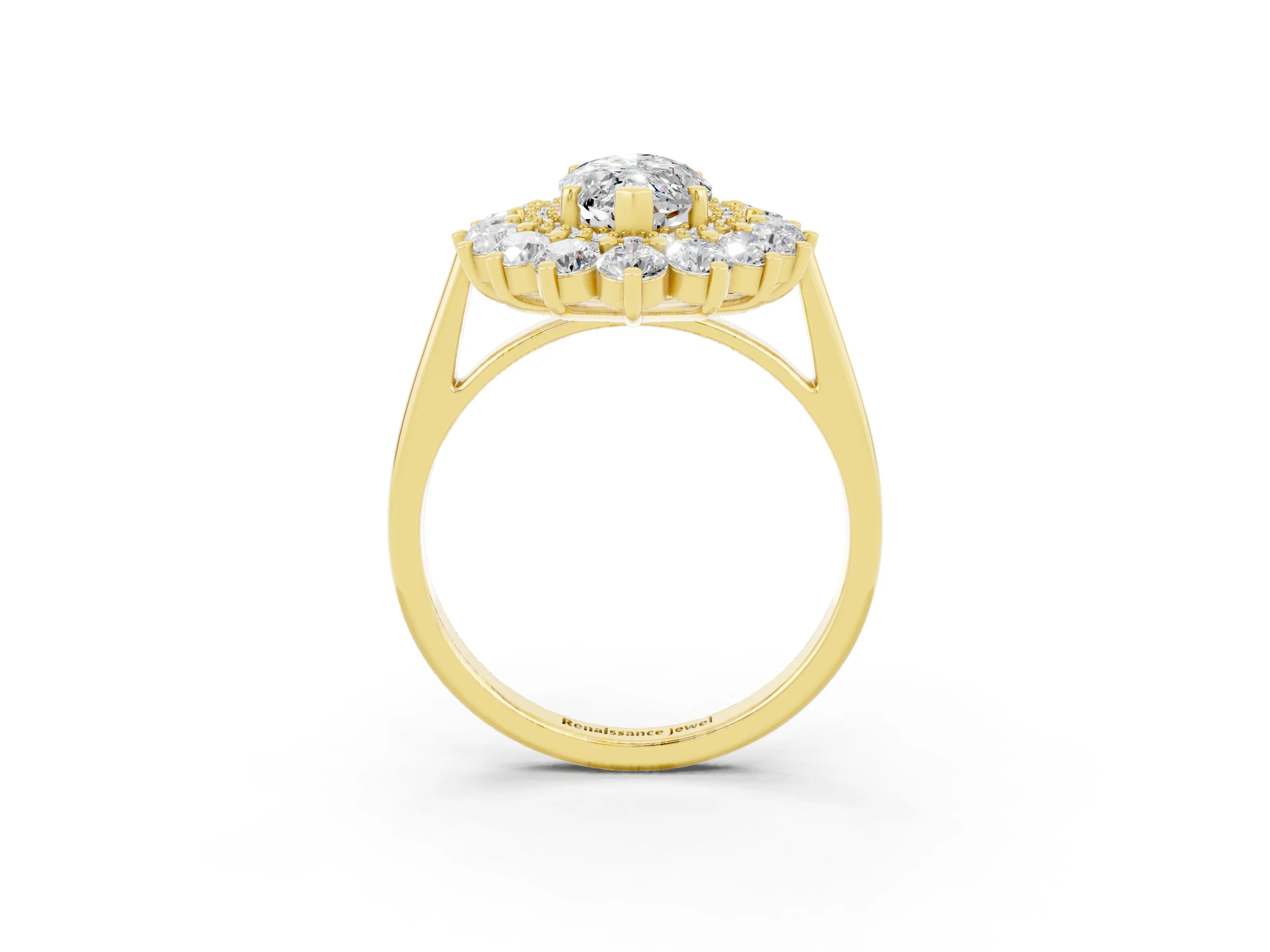 Yellow gold Marquise Cut Halo Cluster Diamond Ring with Pave Band and Four-Prong Setting_15