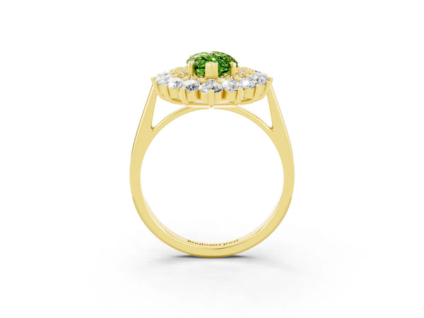 Yellow gold Marquise Cut Peridot Floral Double Halo Engagement Ring with Prong Setting