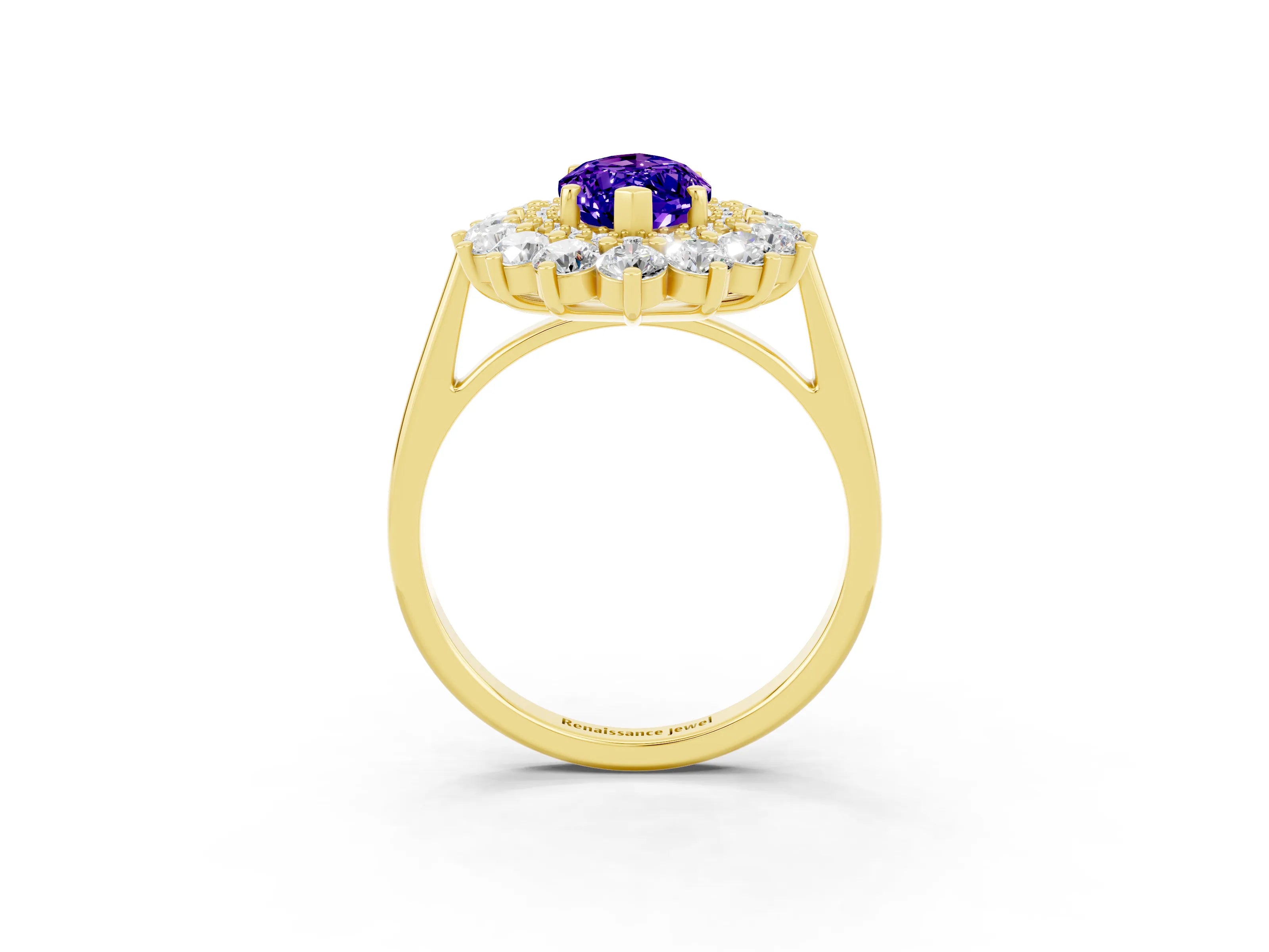 Yellow gold Marquise Cut Halo Cluster Diamond Ring with Pave Band and Four-Prong Setting_15