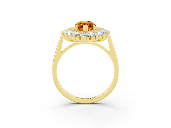 Yellow gold Marquise Cut Citrine Floral Double Halo Engagement Ring with Prong Setting